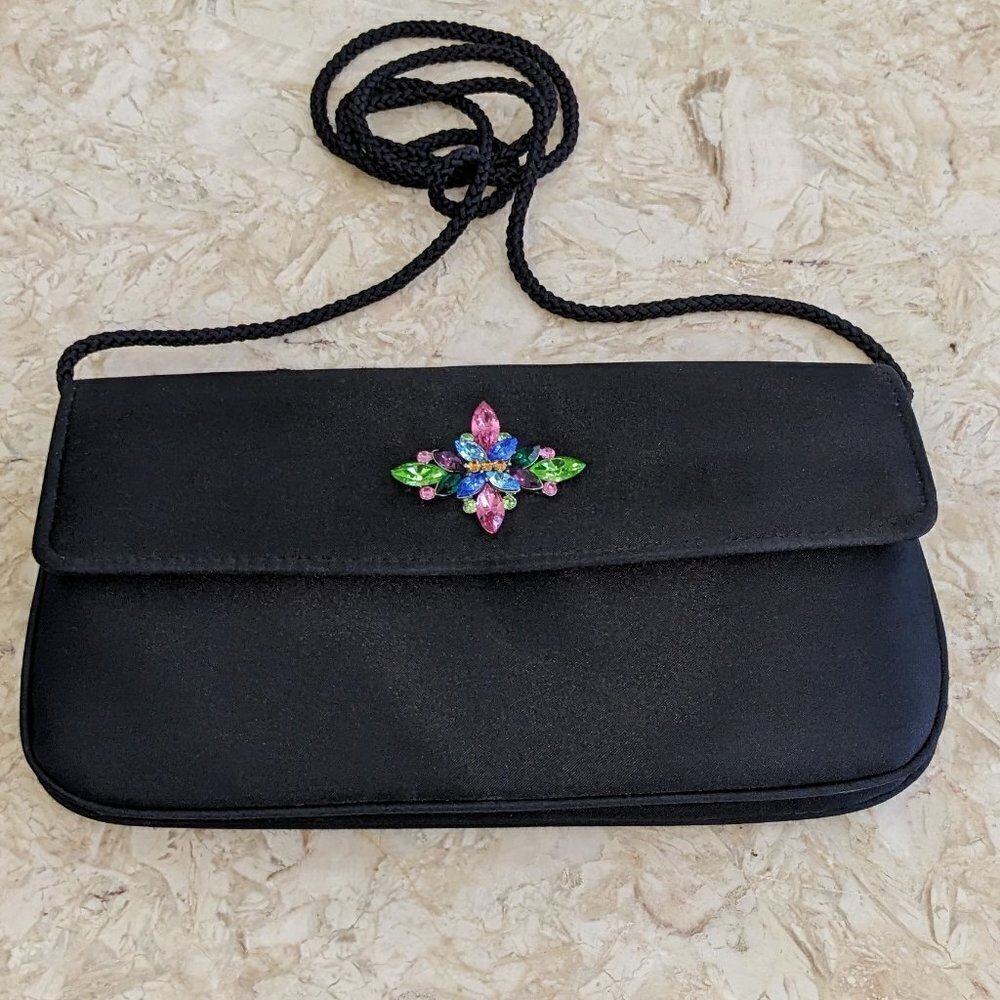 Evening Bag, Small Black Bag with Multi Colored Rhinestones